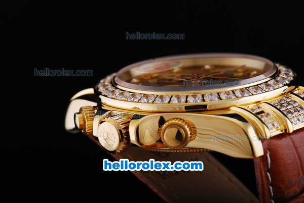 Rolex Daytona Oyster Perpetual Date Automatic Gold with Diamond Case,Gold Dial and Diamond Marking-Leather Strap - Click Image to Close